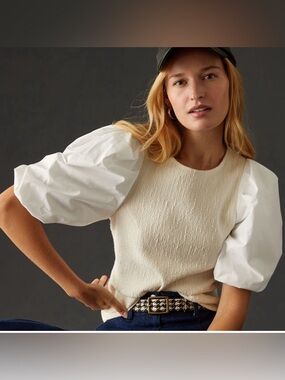 NWT Anthropologie puff sleeve cream / white blouse top. Size medium